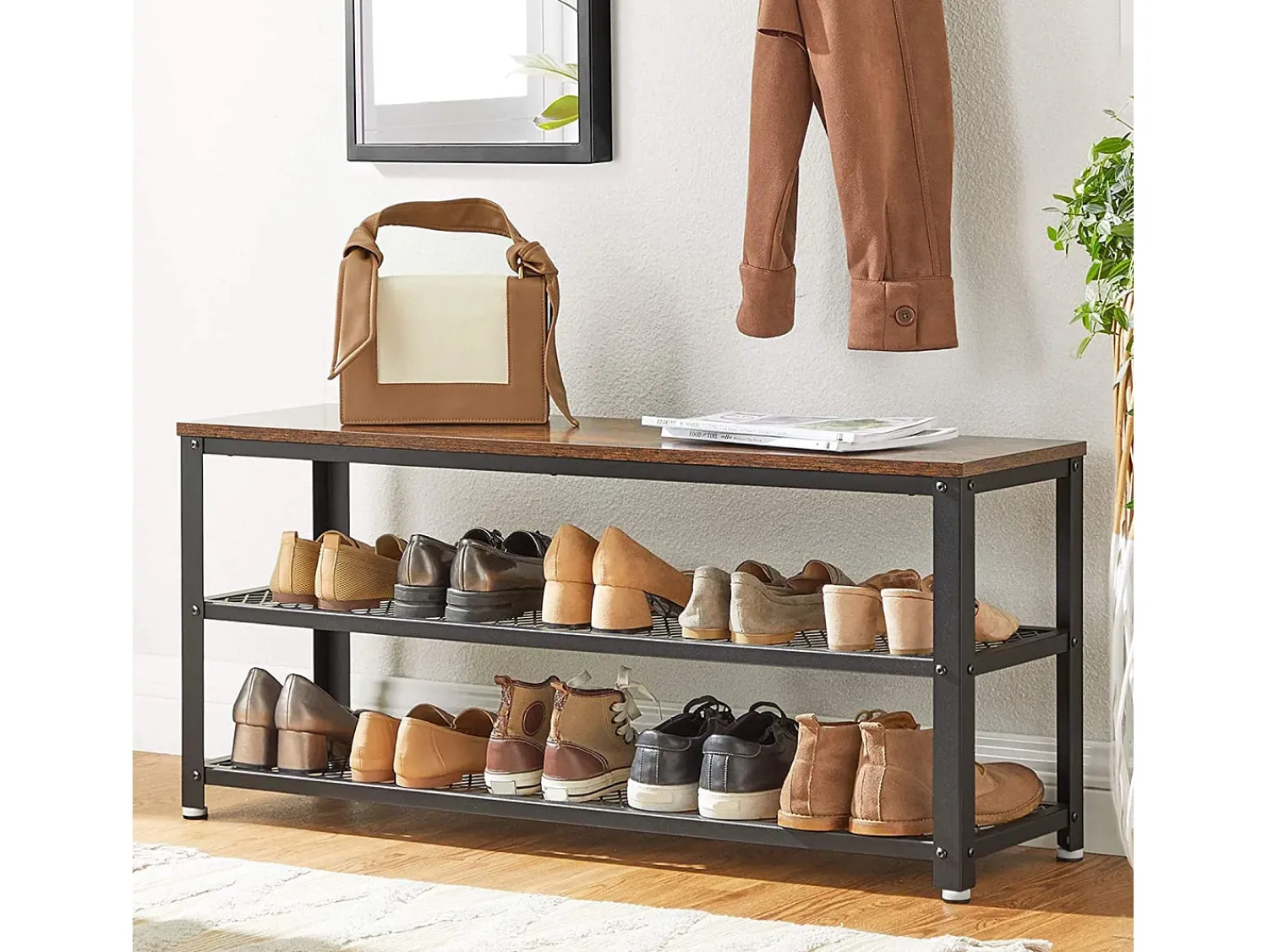 Móvel De Arrumação|Sapateira* Banco para Sapatos 100x30x45 cm Preto Rústico Castanho Bryce Preto / Castanho