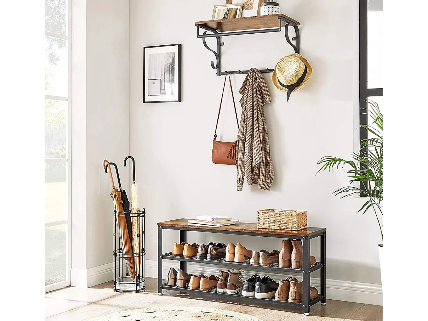 Móvel De Arrumação|Sapateira* Banco para Sapatos 100x30x45 cm Preto Rústico Castanho Bryce Preto / Castanho