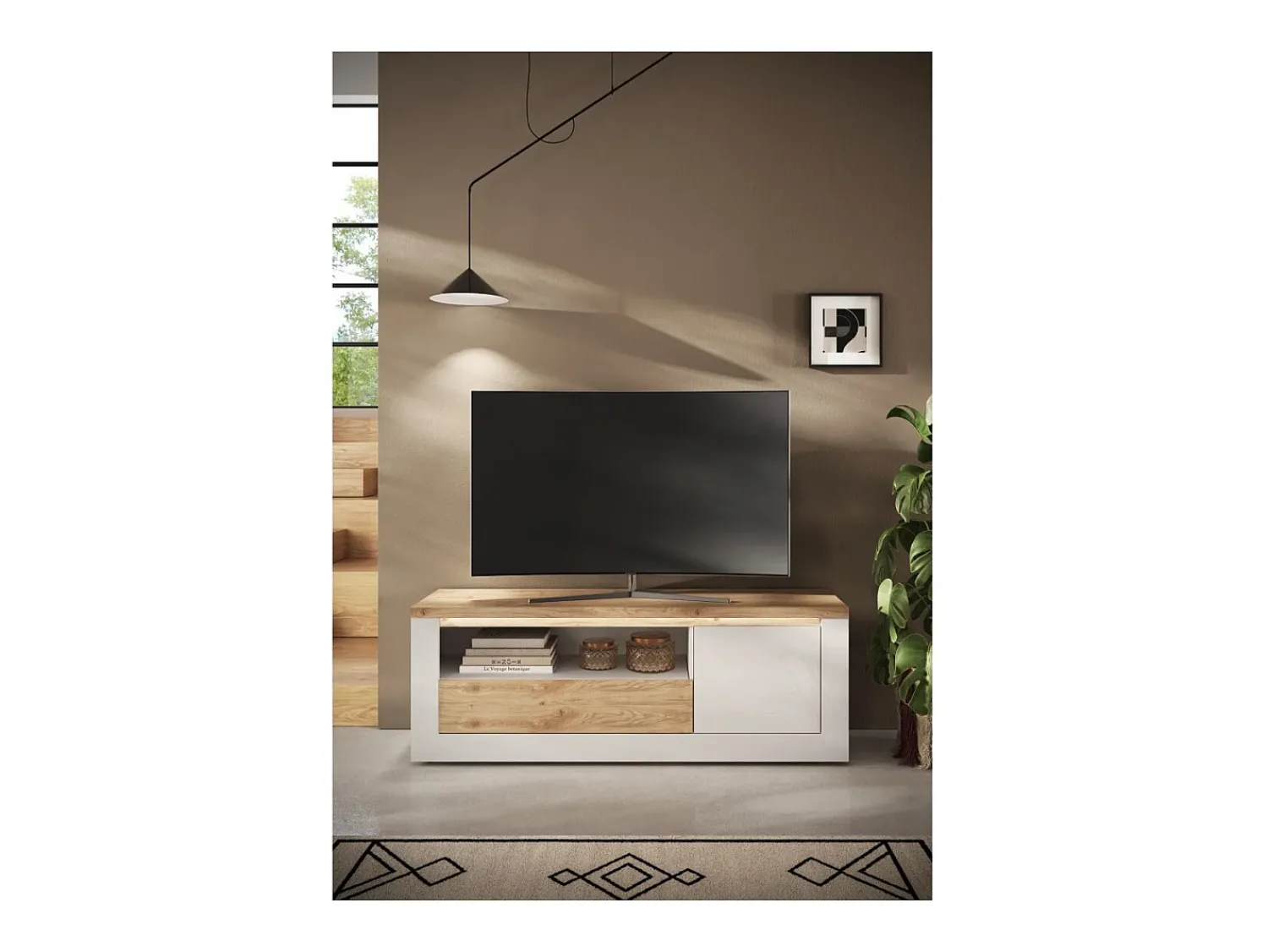 Best Meublorama Banco para TV SASHA – 1 porta, 1 gaveta e 1 nicho aberto com LED – laqueado e carvalho Cadiz Branco