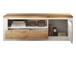 Best Meublorama Banco para TV SASHA – 1 porta, 1 gaveta e 1 nicho aberto com LED – laqueado e carvalho Cadiz Branco