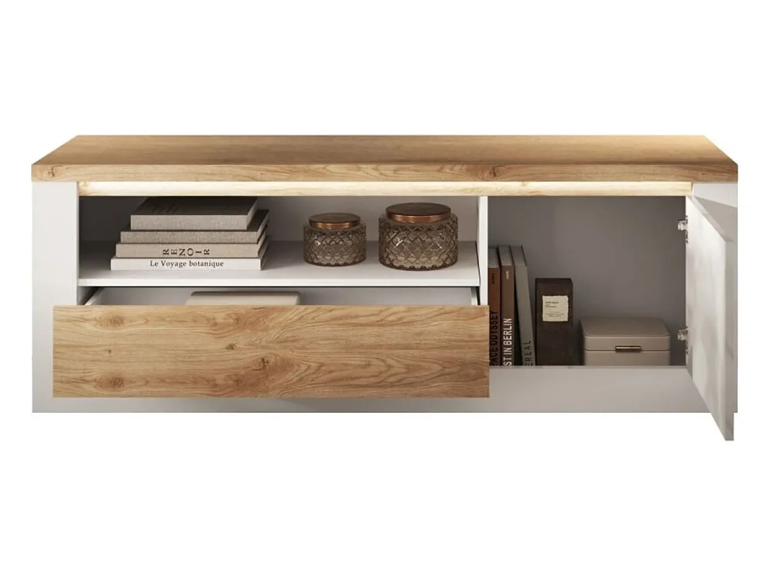 Best Meublorama Banco para TV SASHA – 1 porta, 1 gaveta e 1 nicho aberto com LED – laqueado e carvalho Cadiz Branco