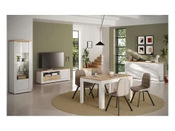 Best Meublorama Banco para TV SASHA – 1 porta, 1 gaveta e 1 nicho aberto com LED – laqueado e carvalho Cadiz Branco
