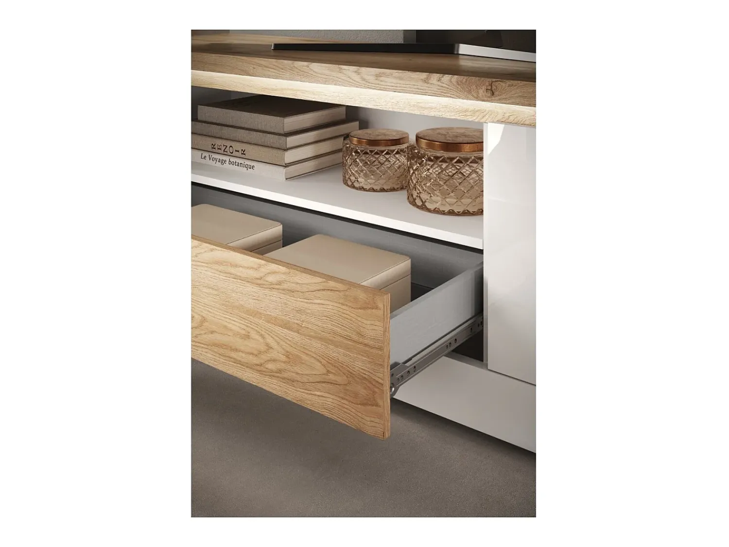 Best Meublorama Banco para TV SASHA – 1 porta, 1 gaveta e 1 nicho aberto com LED – laqueado e carvalho Cadiz Branco