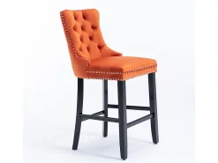 KOMHTOM Bancos de bar estofados, conjunto de 2 Com rebites decorativos e pés em madeira Acabamento cromado com rebites Revestimento em veludo, laranja^ Banco