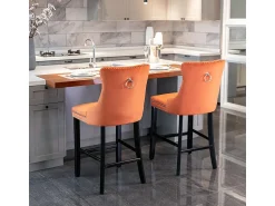 KOMHTOM Bancos de bar estofados, conjunto de 2 Com rebites decorativos e pés em madeira Acabamento cromado com rebites Revestimento em veludo, laranja^ Banco