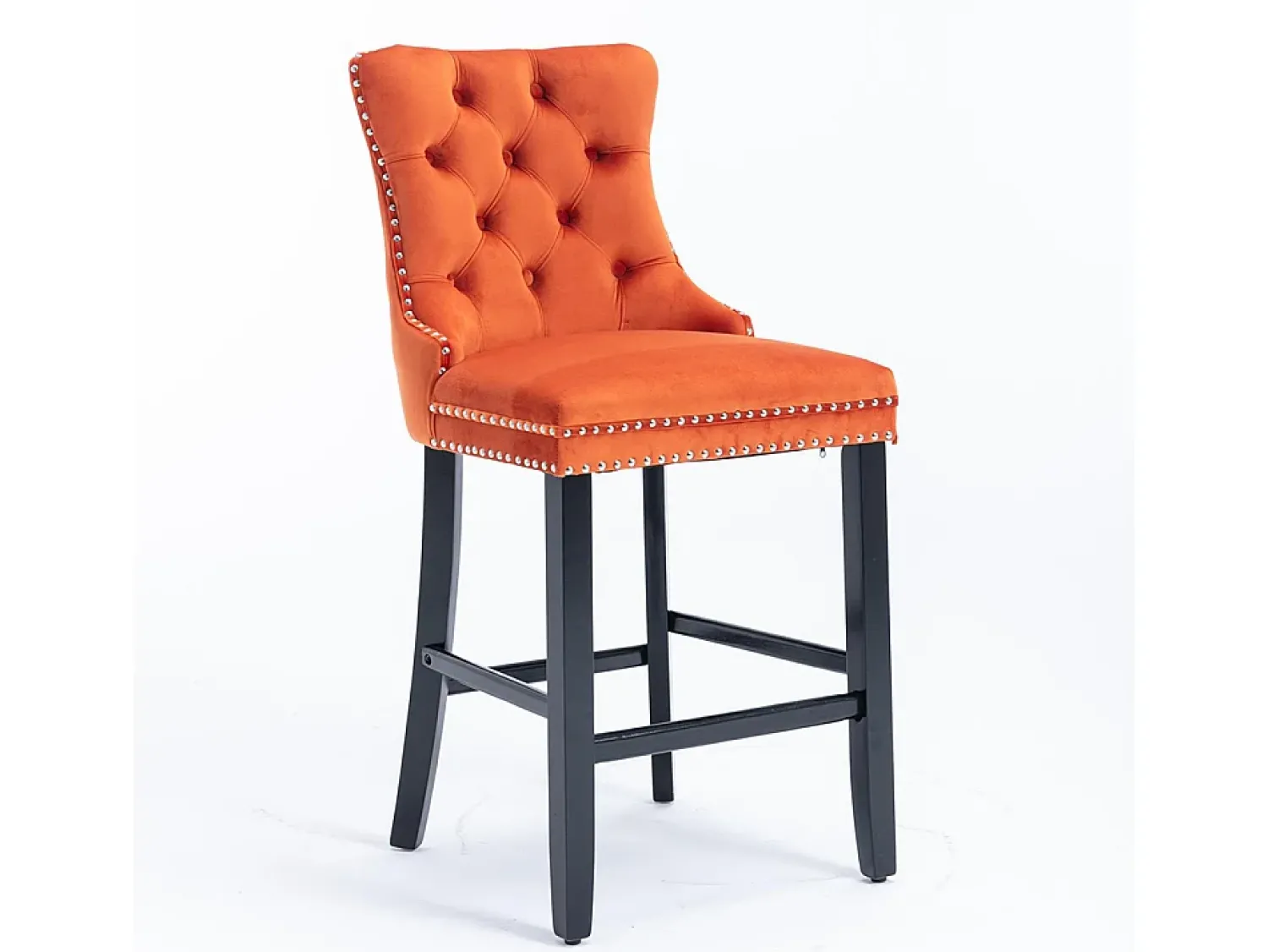 KOMHTOM Bancos de bar estofados, conjunto de 2 Com rebites decorativos e pés em madeira Acabamento cromado com rebites Revestimento em veludo, laranja^ Banco