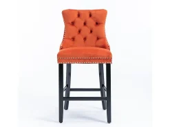 KOMHTOM Bancos de bar estofados, conjunto de 2 Com rebites decorativos e pés em madeira Acabamento cromado com rebites Revestimento em veludo, laranja^ Banco