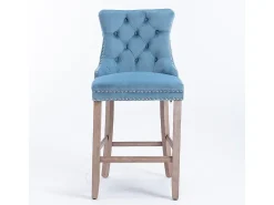 Hot KOMHTOM Bancos de bar estofados, conjunto de 2 Com rebites decorativos e pés em madeira Acabamento cromado com rebites Revestimento em veludo, Azul claro