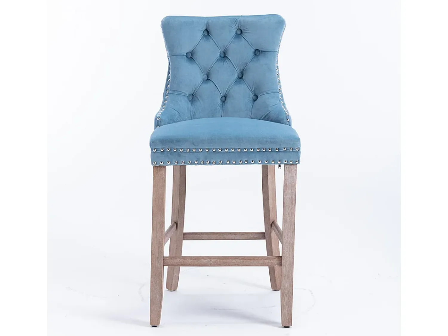 Hot KOMHTOM Bancos de bar estofados, conjunto de 2 Com rebites decorativos e pés em madeira Acabamento cromado com rebites Revestimento em veludo, Azul claro