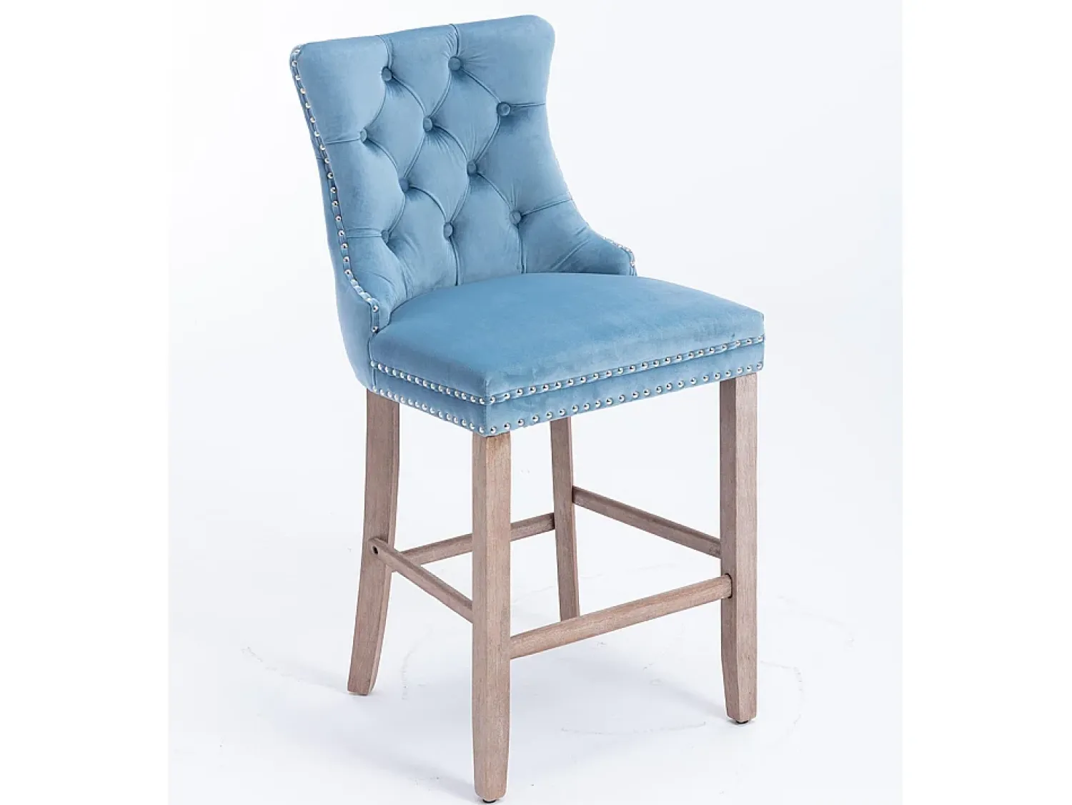 Hot KOMHTOM Bancos de bar estofados, conjunto de 2 Com rebites decorativos e pés em madeira Acabamento cromado com rebites Revestimento em veludo, Azul claro