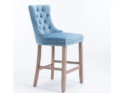 Hot KOMHTOM Bancos de bar estofados, conjunto de 2 Com rebites decorativos e pés em madeira Acabamento cromado com rebites Revestimento em veludo, Azul claro