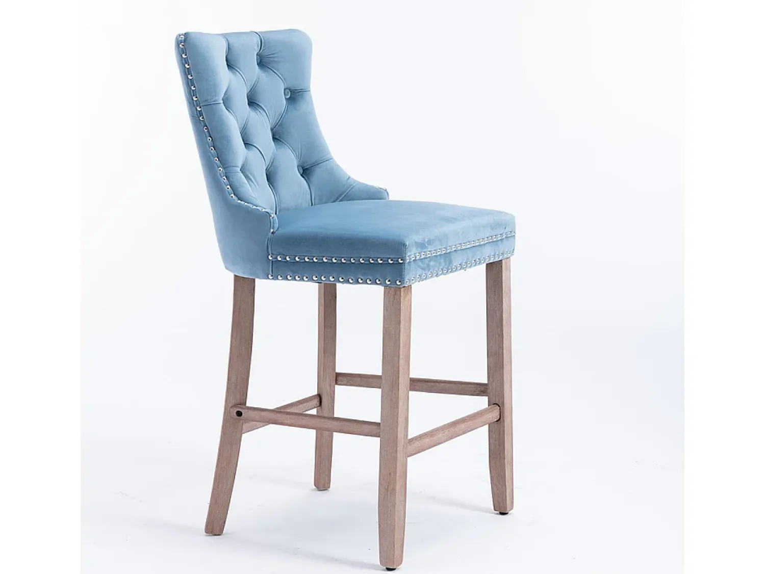 Hot KOMHTOM Bancos de bar estofados, conjunto de 2 Com rebites decorativos e pés em madeira Acabamento cromado com rebites Revestimento em veludo, Azul claro