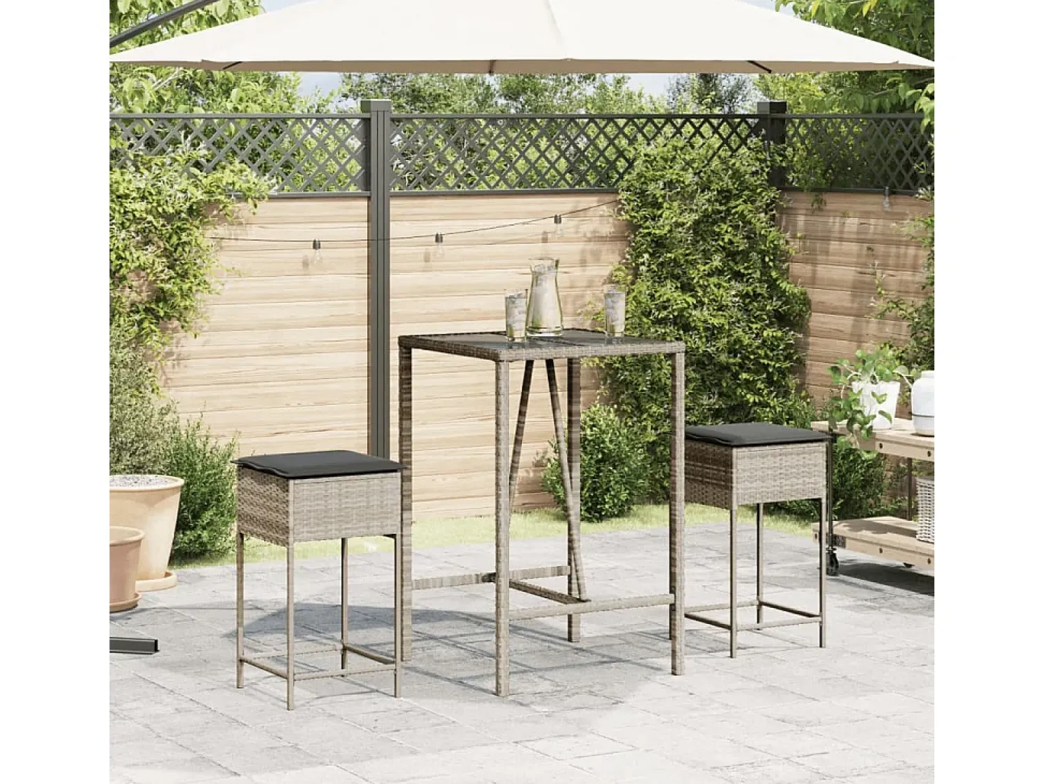Banco* Bancos de bar p/ jardim com almofadões 2pcs vime PE cinza-claro PT456103 Cinzento