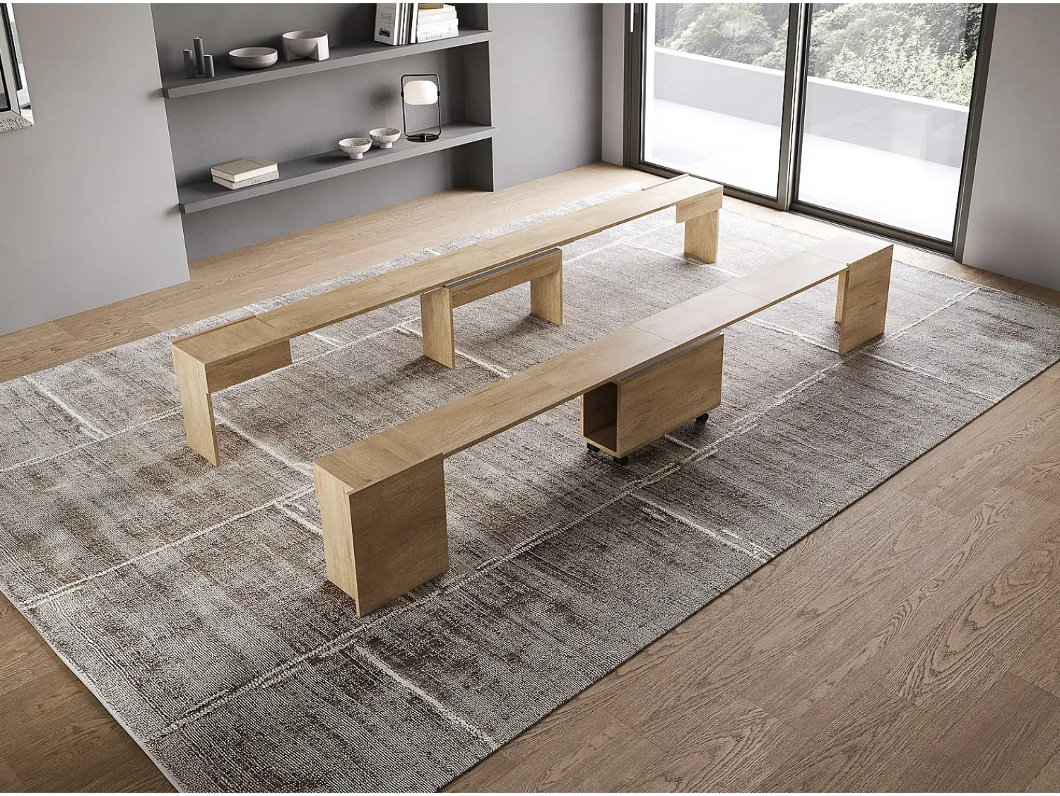 Consola*ITAMOBY Bancos inferior e superiorextensíveis 26x72/300 cm Evolve Carvalho Natural extensões internas Castanho