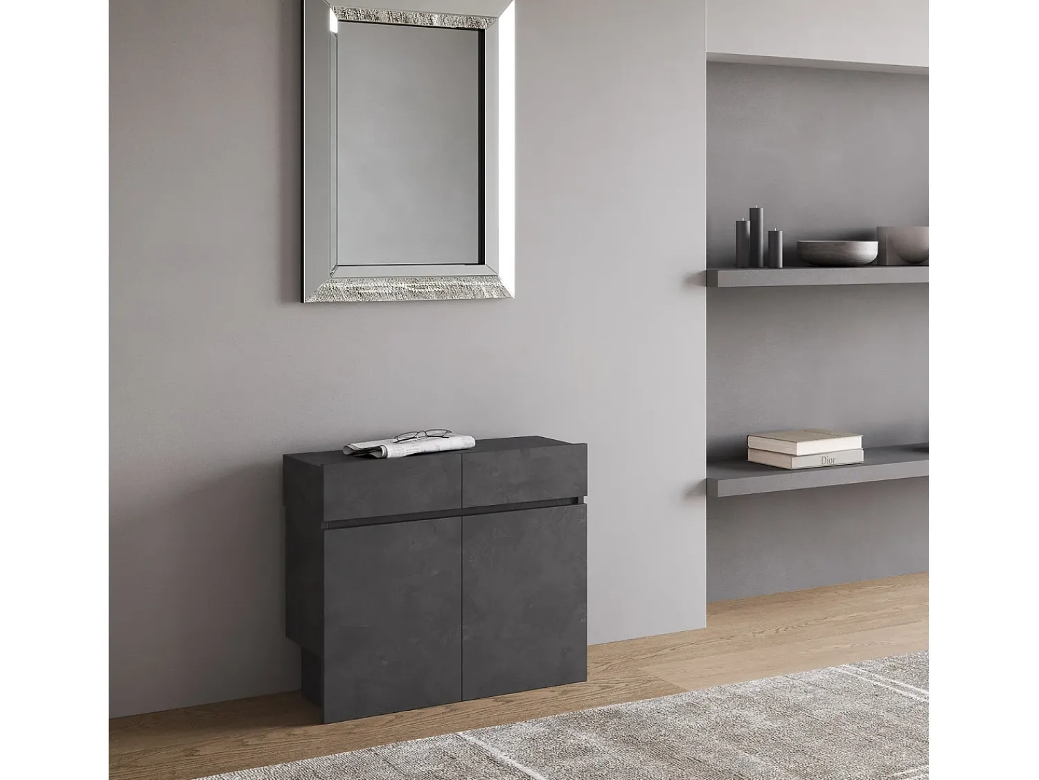 Consola|ITAMOBY Bancos inferior e superiorextensíveis 26x72/300 cm Evolve Antracite Espatulado extensões internas Cinzento