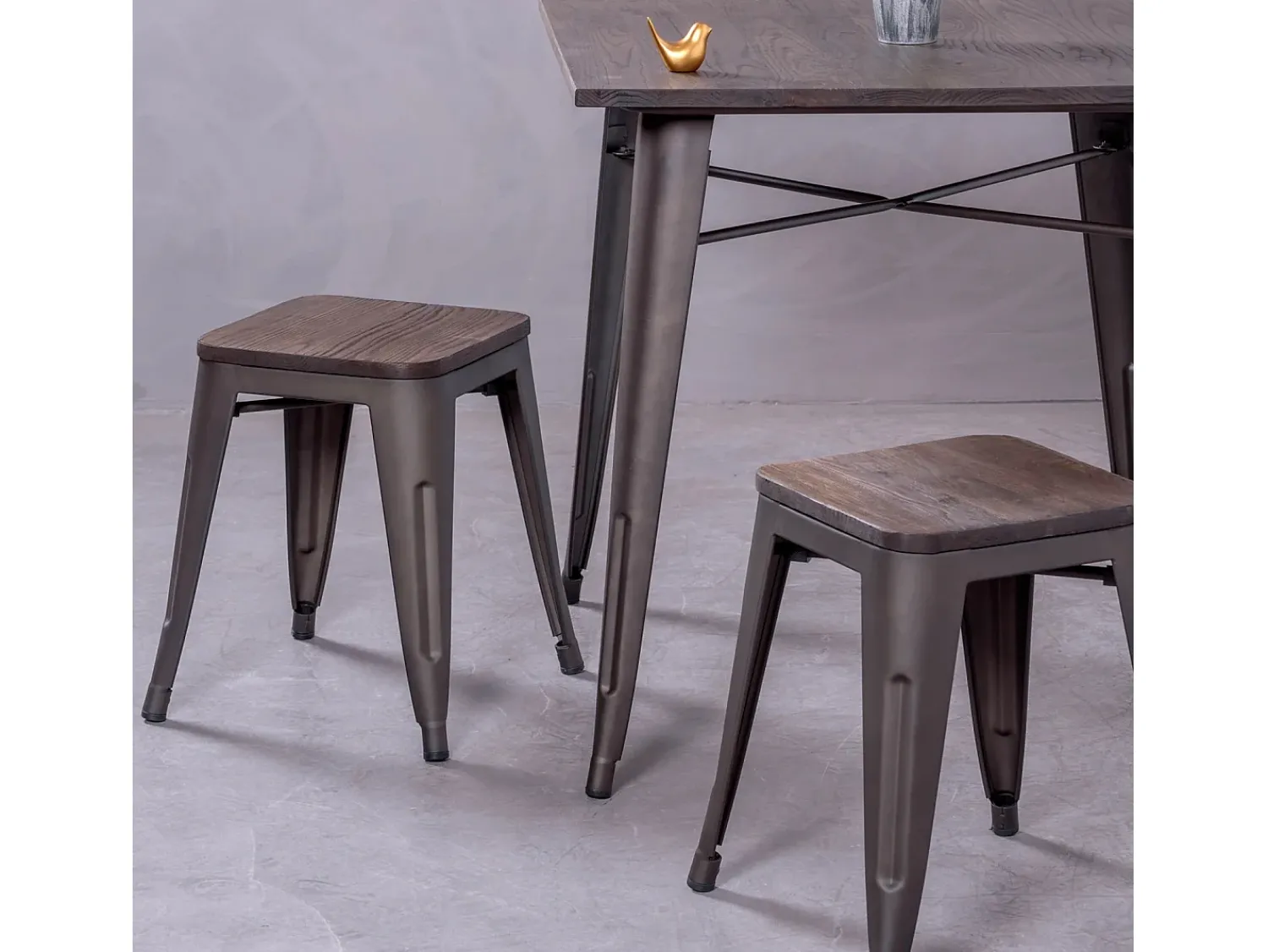 Nest Dream Banqueta baixa industrial em aço envelhecido e assento de madeira (45cm) - Bistro - Antiguidade^ Banco