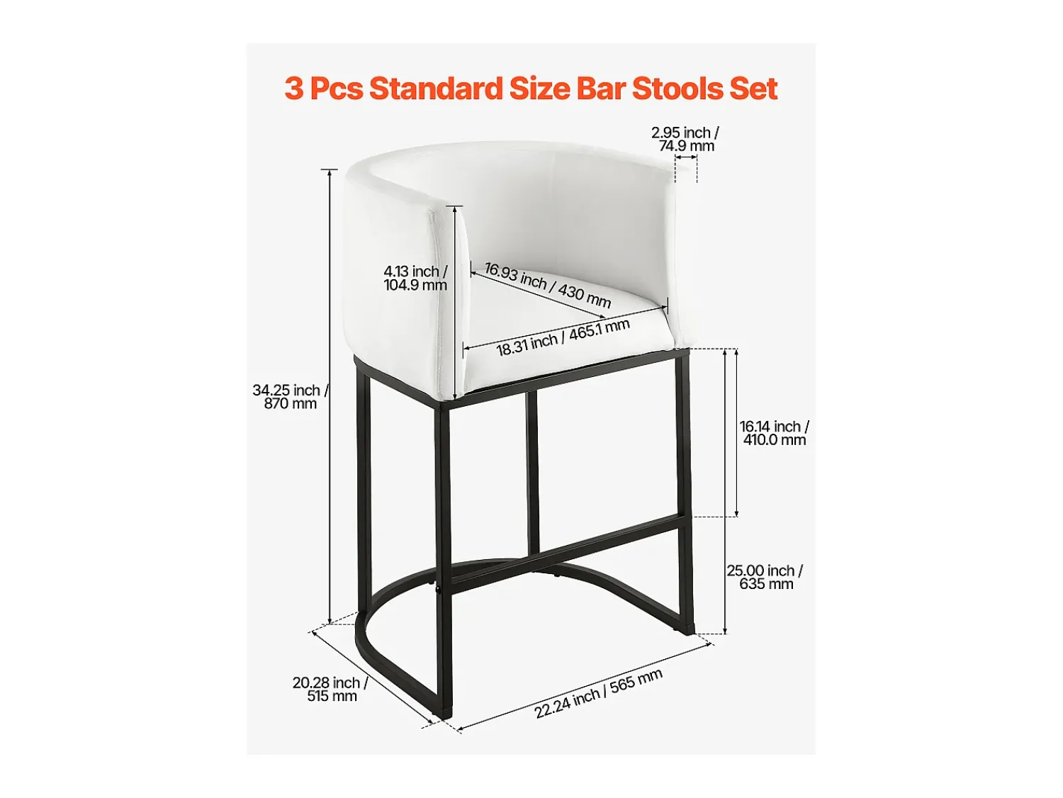 Hot Banqueta de Bar SucceBuy, Lote de 3, Cadeira de Bar em Tecido, 63.5 cm Alto, Assento de Cozinha com Encosto, Estrutura em Metal E Apoio para os Pés Branco