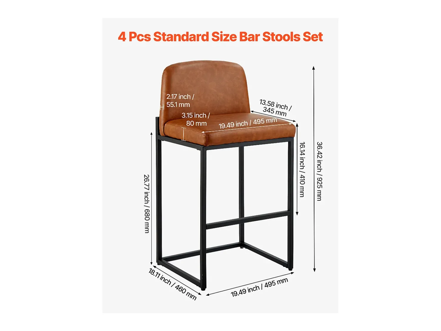 Banco* Banqueta de Bar SucceBuy, Lote de 4, Cadeira de Bar em Couro PU Confortável, 68 cm de Altura, Assento de Cozinha com Encosto E Pés em Metal, Marrom Castanho