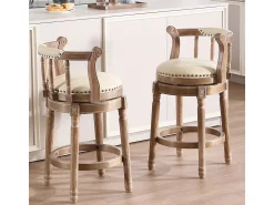 Banco|Hauss Spole Banqueta giratória de bar - Assento em pele branca - Cor madeira 54,8x54,8x66cm Natural claro
