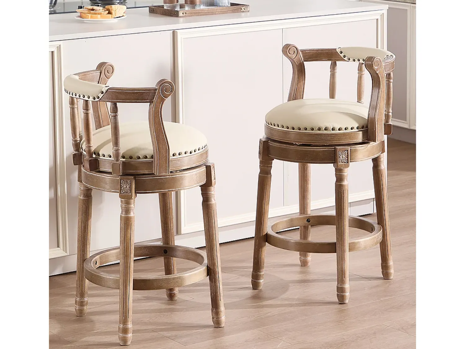 Banco|Hauss Spole Banqueta giratória de bar - Assento em pele branca - Cor madeira 54,8x54,8x66cm Natural claro