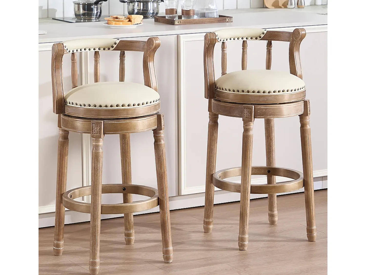 Clearance Hauss Spole Banqueta giratória de bar - Assento em pele branca - Madeira - Cor natural Natural claro
