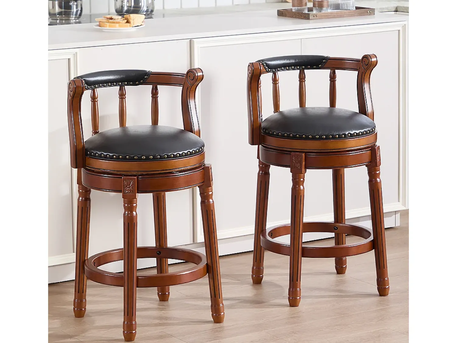 Banco|Hauss Spole Banqueta giratória de bar - Assento em pele preta - Cor nogueira 54,8x54,8x66cm Castanho