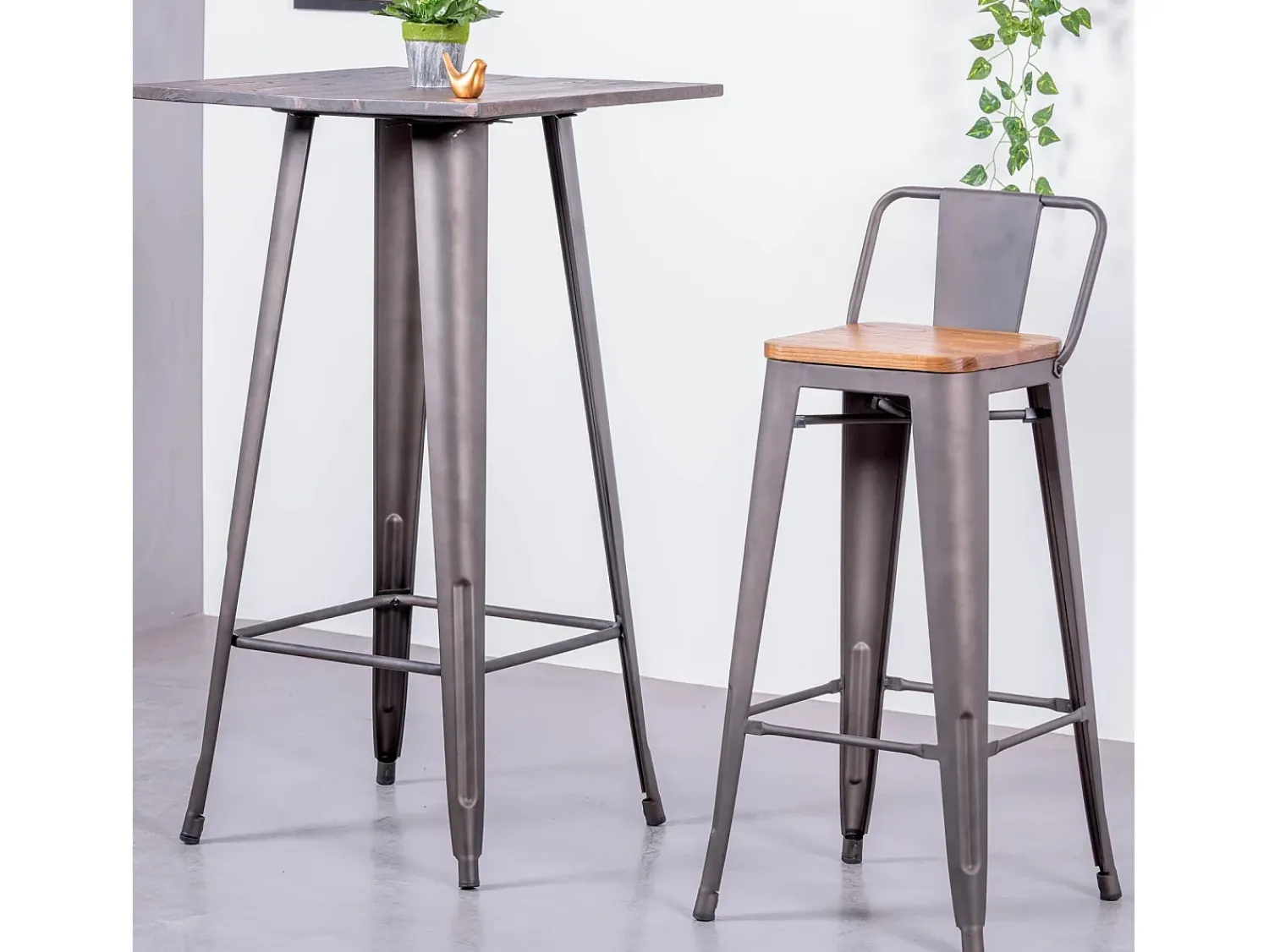 Banco|Nest Dream Banqueta industrial em aço envelhecido com encosto baixo e assento em madeira - Bistro - Antiguidade Cinza antracite