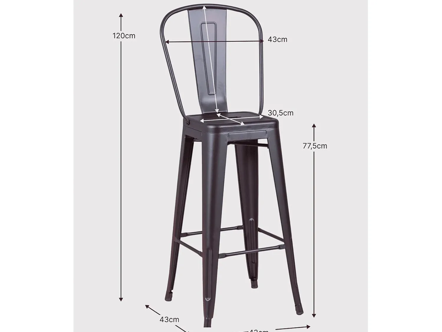 Banco*Nest Dream Banqueta metálica em aço lacado com encosto alto (76cm) - Bistro - Preto
