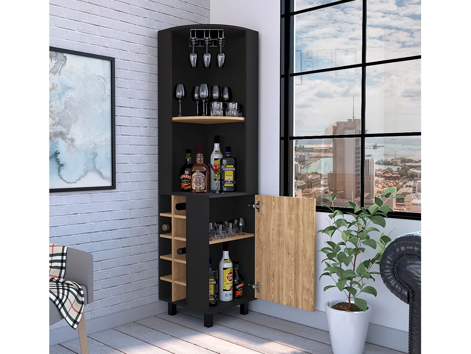TuHome Bar de canto Kaia, com 1 porta e suporte para garrafas , 179.83 cm X 44.95 cm X 44.95 cm , Multicolor^ Móvel De Bar