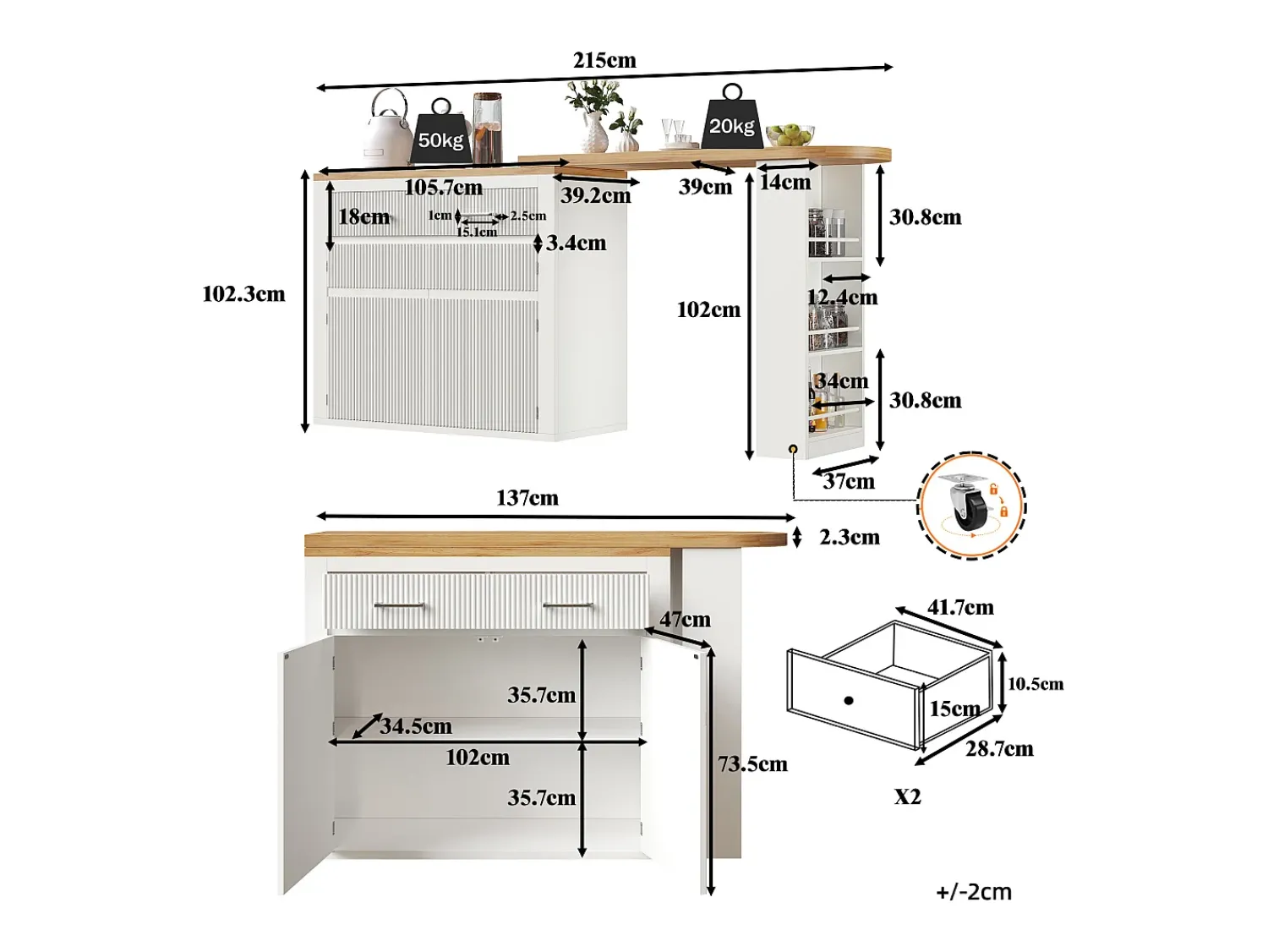 Best Hauss Spole Bar extensível com 2 gavetas e 2 portas - Tampo extensível com rodízios - e madeira Branco