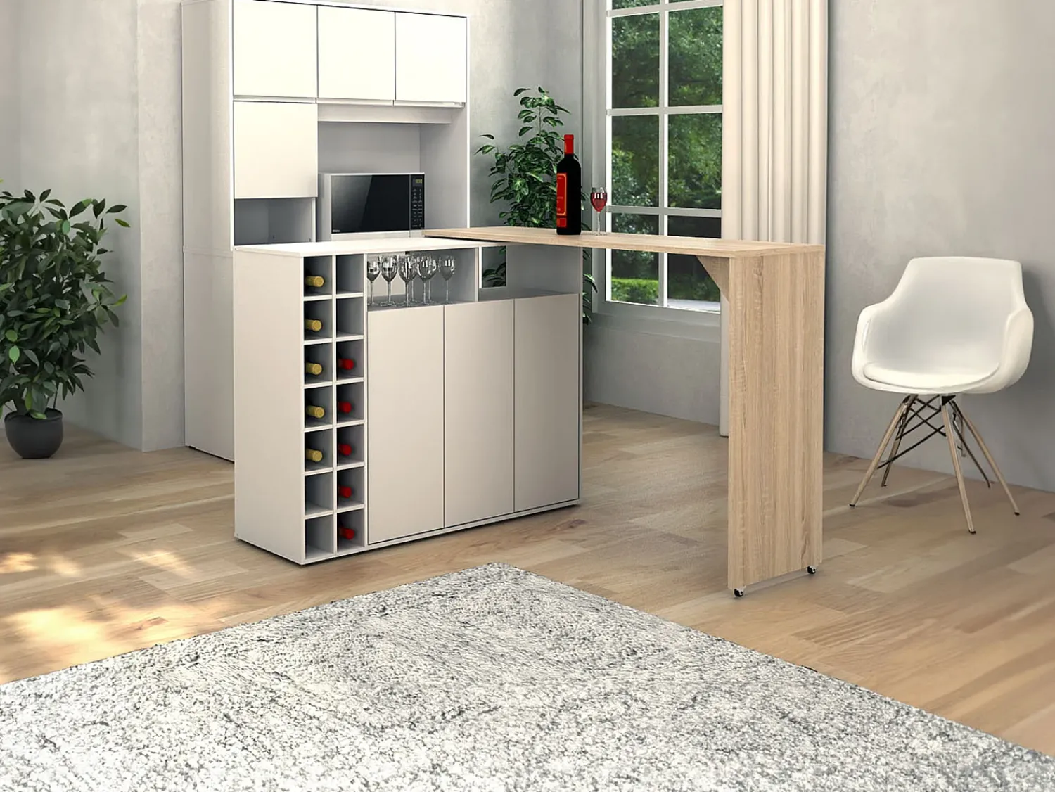 Móvel De Bar*Vente-unique Bar giratório com espaço para armazenamento - Branco e Natural - VINALO Natural claro / Branco