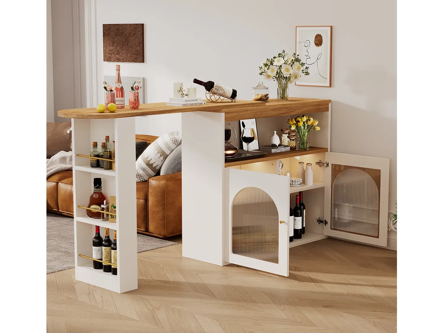 Hot Hauss Spole Bar giratório com iluminação LED e 2 portas de vidro - e natural Branco