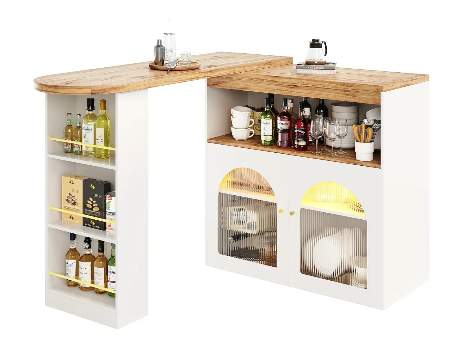Hot Hauss Spole Bar giratório com iluminação LED e 2 portas de vidro - e natural Branco