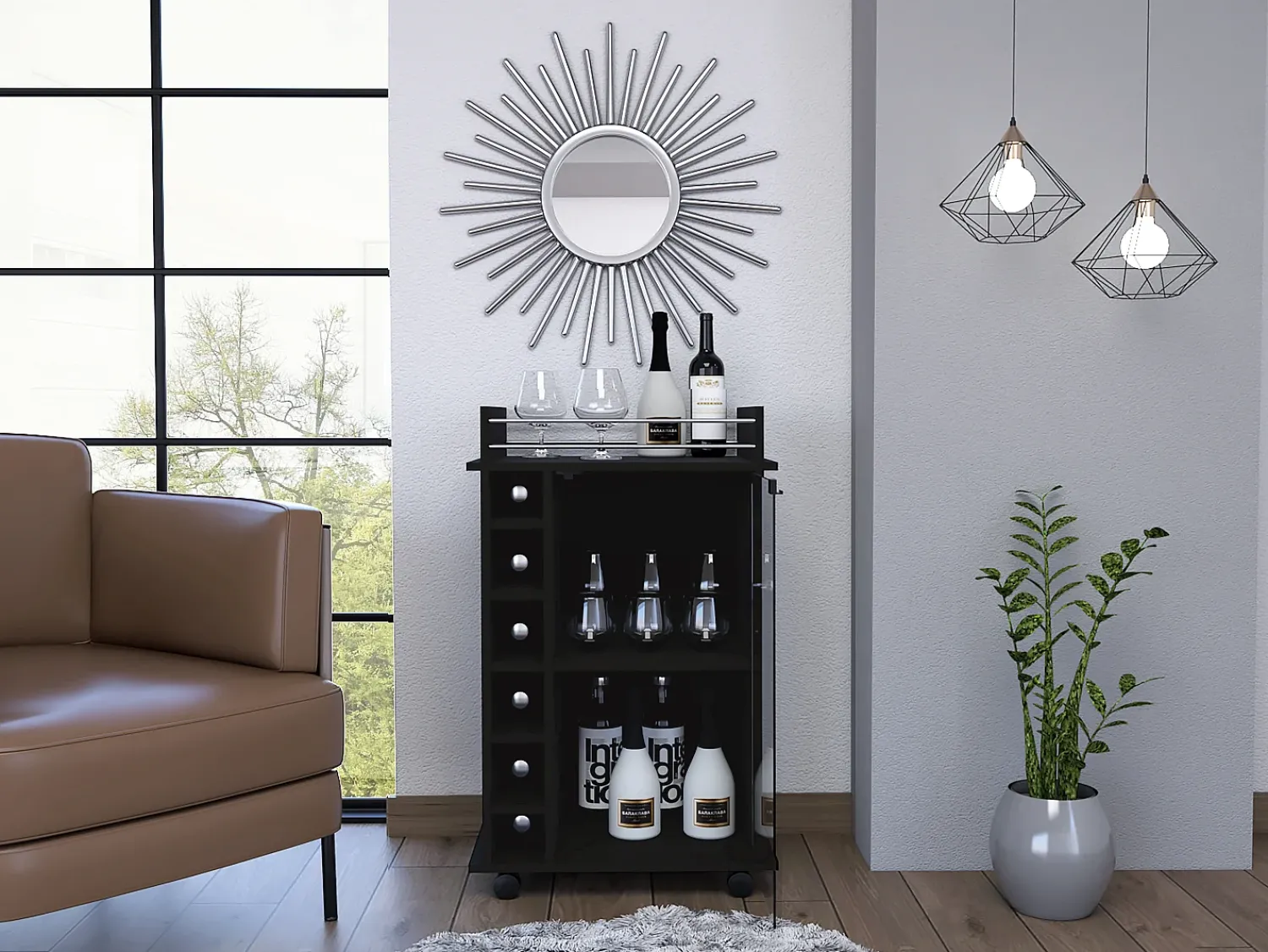 Móvel De Bar*TuHome Bar Trolley Dukat, com rodas e porta de vidro Preto