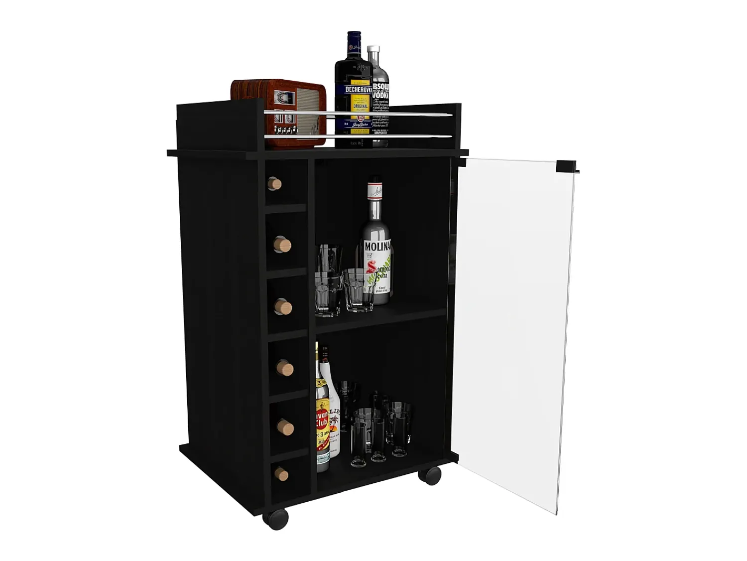 Móvel De Bar*TuHome Bar Trolley Dukat, com rodas e porta de vidro Preto