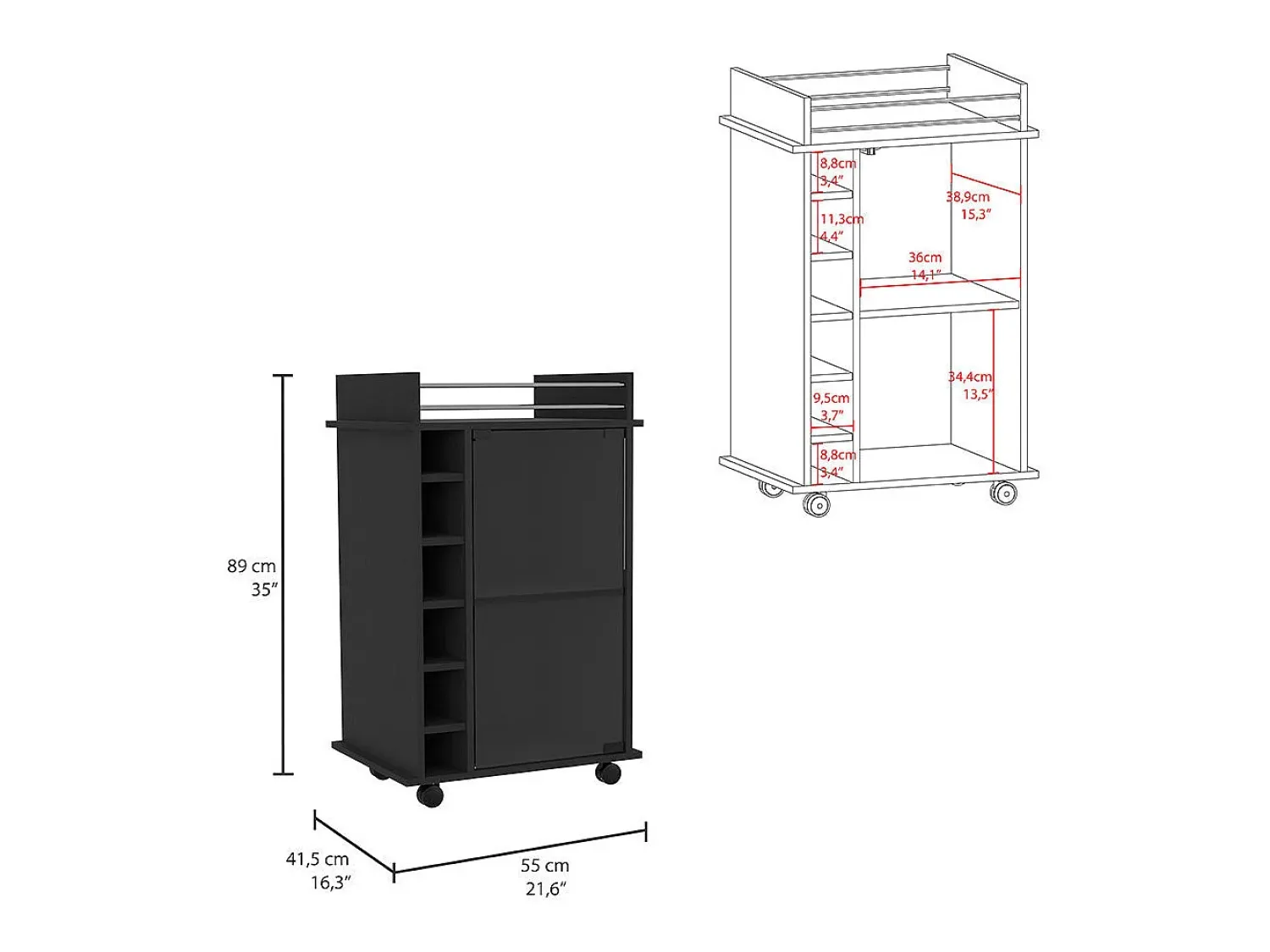 Móvel De Bar*TuHome Bar Trolley Dukat, com rodas e porta de vidro Preto