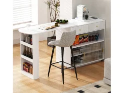 Móvel De Bar|Merax Bar/aparador extensível com dobradiças giratórias - 120 x 50 x 95,5 cm - com porta + prateleiras + iluminação LED + 2 gavetas - MDF - Branco