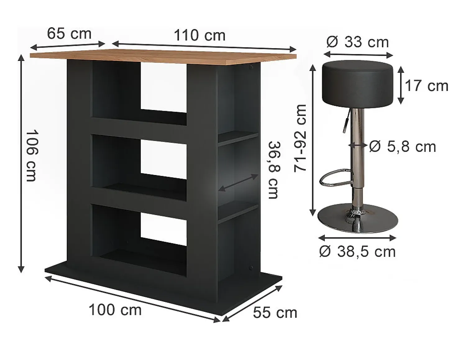 Vicco Bartisch-Set carvalho goldkraft/antracite 110x65x106 repose Natural escuro