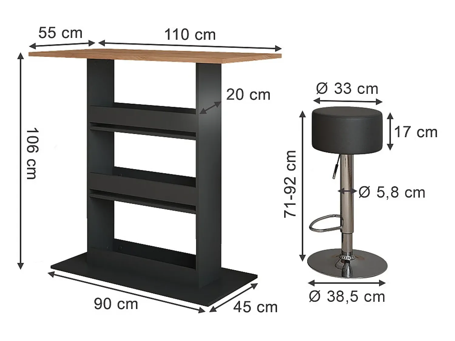 Móvel De Bar*Vicco Bartisch-Set carvalho goldkraft/antracite 110x55x106 repose Natural escuro