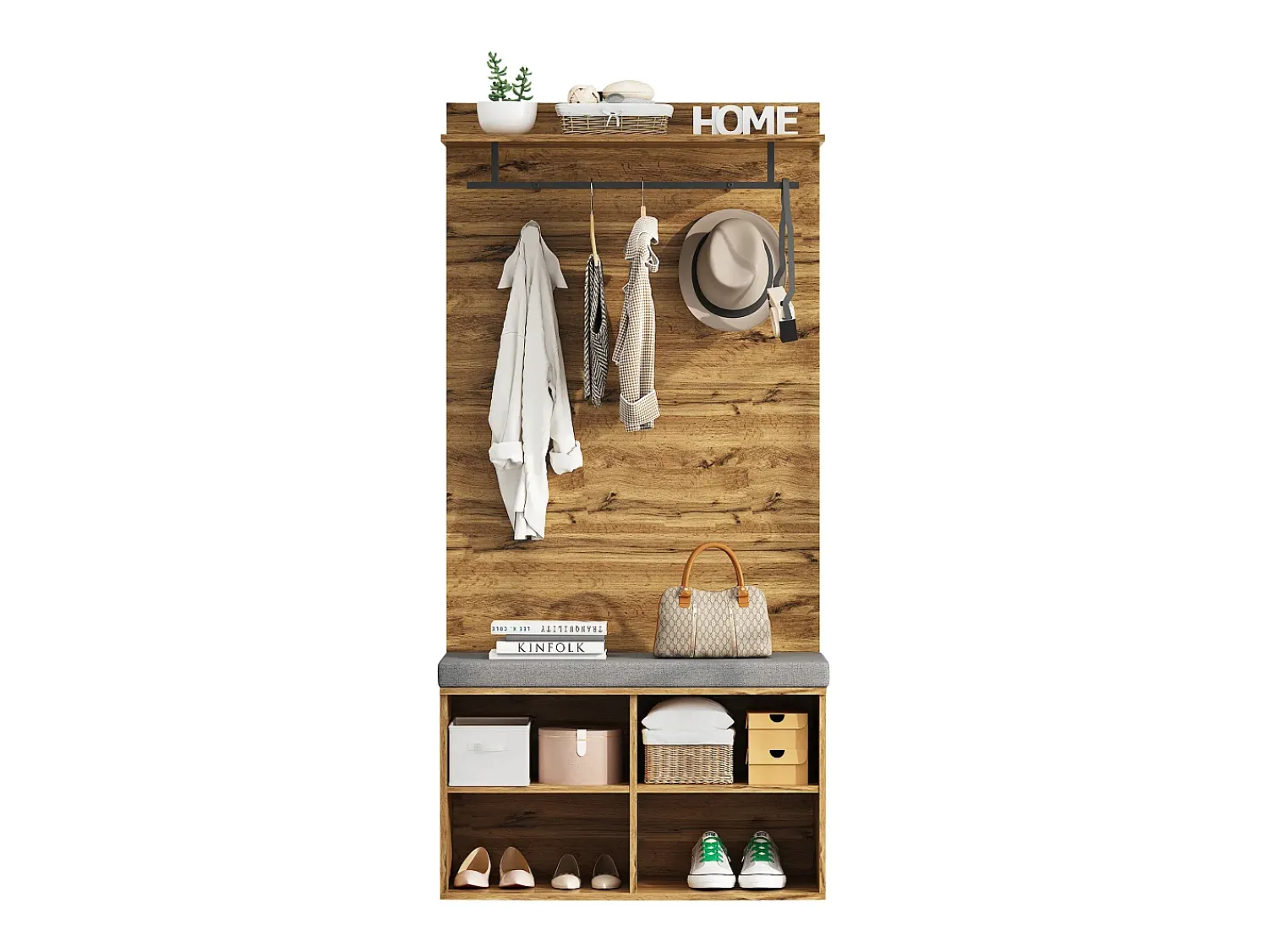 ModernLuxe Bengaleiro com bengaleiro e sapateira - prateleiras reguláveis - Natural Natural claro