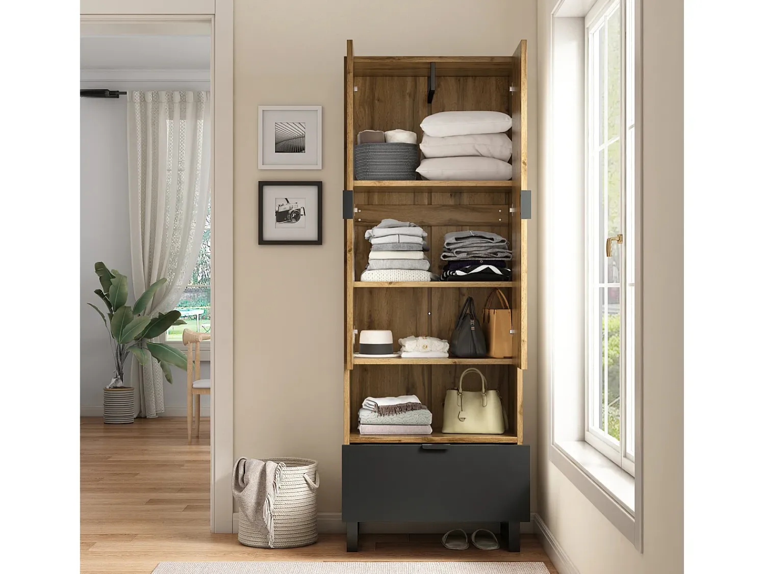 Discount ModernLuxe Bengaleiro com gaveta e compartimento - com varão - Natural Natural claro
