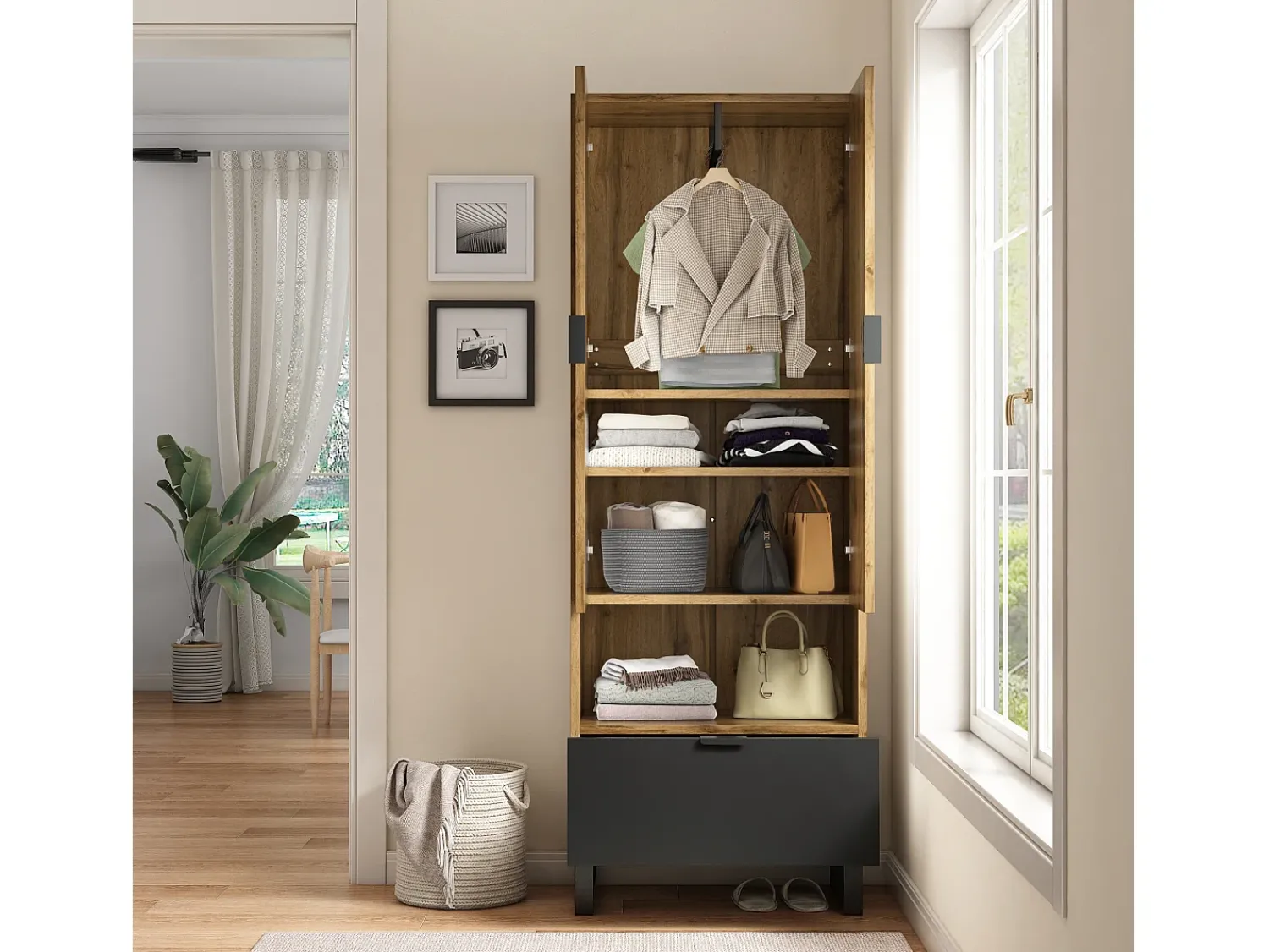 Discount ModernLuxe Bengaleiro com gaveta e compartimento - com varão - Natural Natural claro