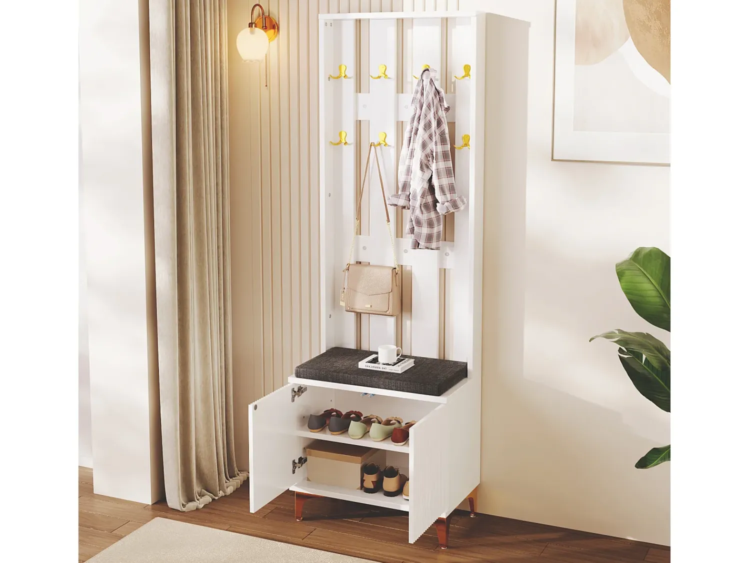 Móvel De Entrada|ModernLuxe Bengaleiro para sala - com ganchos e bancada para sapatos - Branco