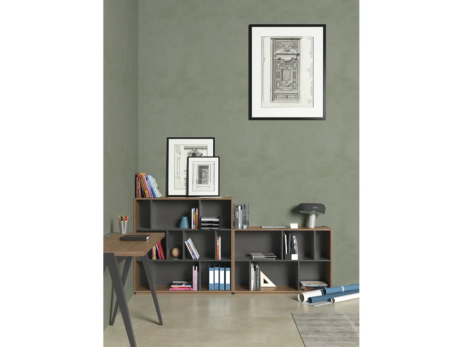 Biblioteca|Herdasa Biblioteca 2 prateleiras - A80cm x C119cm x P32cm nogueira e antracite - Nack Cinzento