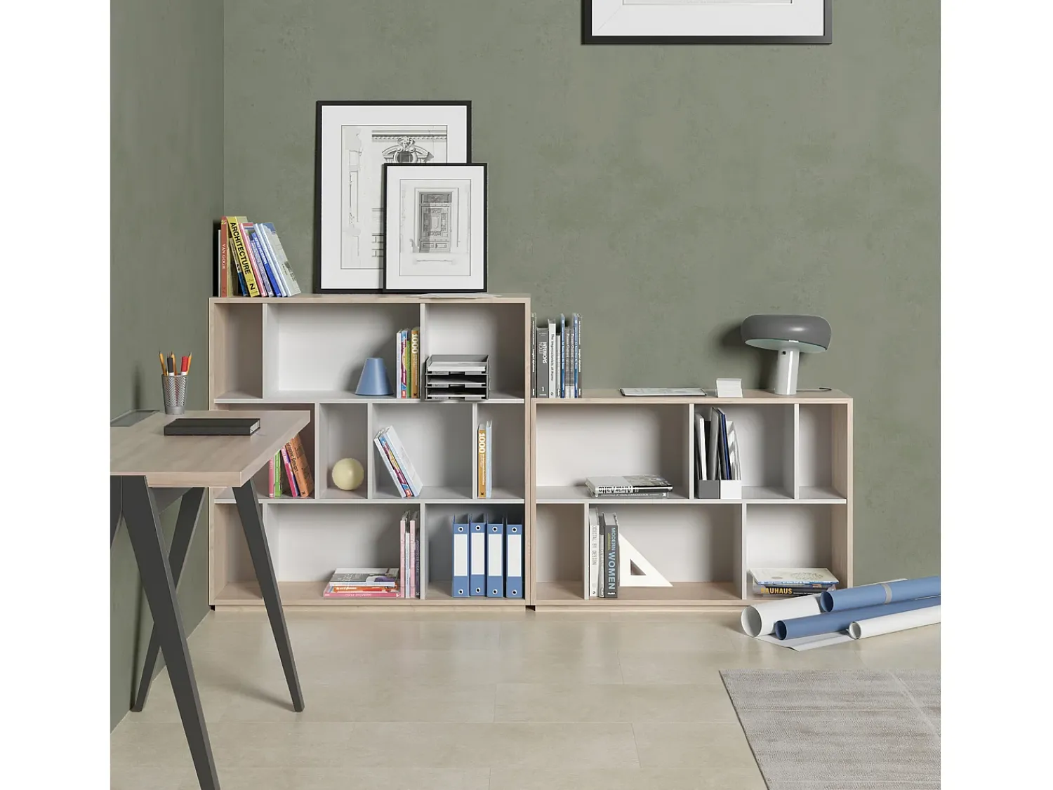 Biblioteca|Herdasa Biblioteca 2 prateleiras - A80cm x C119cm x P32cm carvalho e branco - Nack Branco sujo