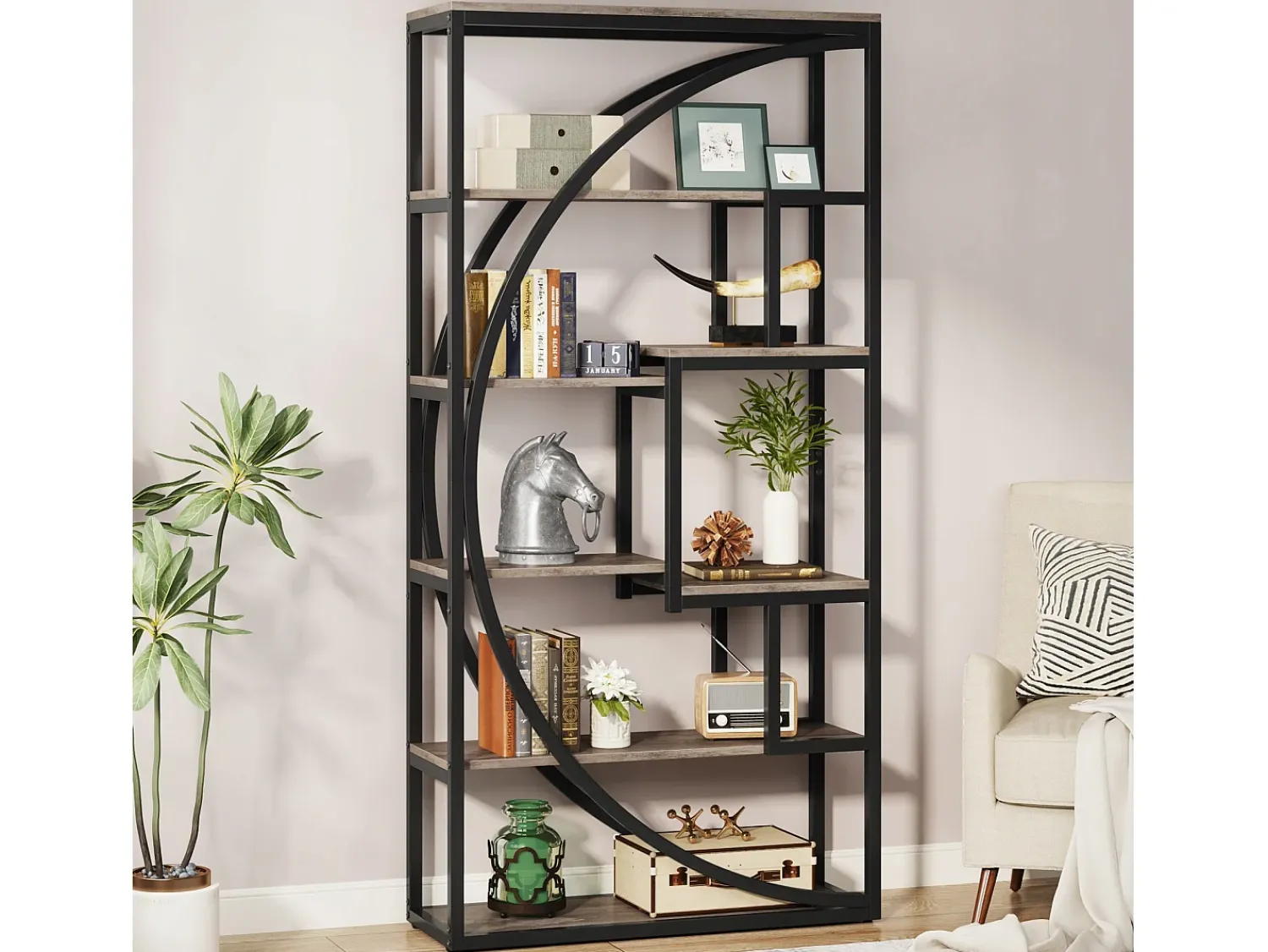 Biblioteca|Tribesigns Biblioteca Industrial de 5 Níveis, Biblioteca com 180 cm de Altura com 8 Prateleiras de Armazenamento Abertas Cinzento
