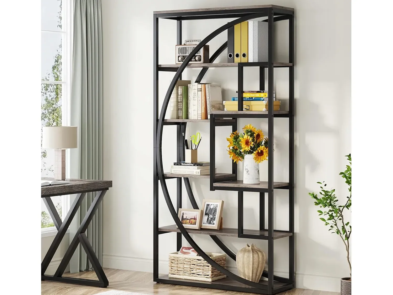 Biblioteca|Tribesigns Biblioteca Industrial de 5 Níveis, Biblioteca com 180 cm de Altura com 8 Prateleiras de Armazenamento Abertas Cinzento