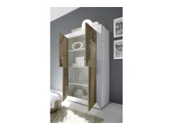 Vitrina|Meublorama Buffet alto com 4 portas, coleção CISA, nas cores laqueado brilhante e carvalho claro. Branco