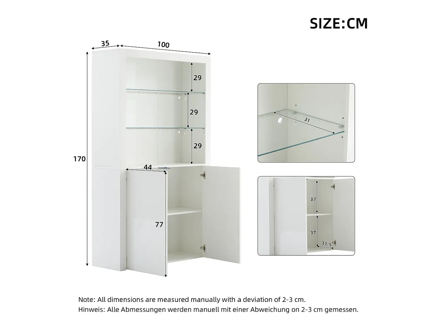 ModernLuxe Buffet alto para sala 100x35x170 cm - vitrines com iluminação LED - tampo de vidro temperado -^ Vitrina