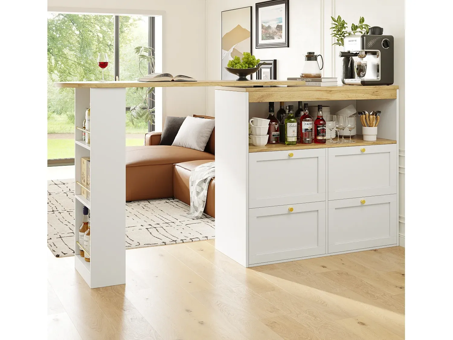 Móvel De Bar*ModernLuxe Buffet, Móvel de bar giratório e retrátil - 4 gavetas e 4 compartimentos - Branco